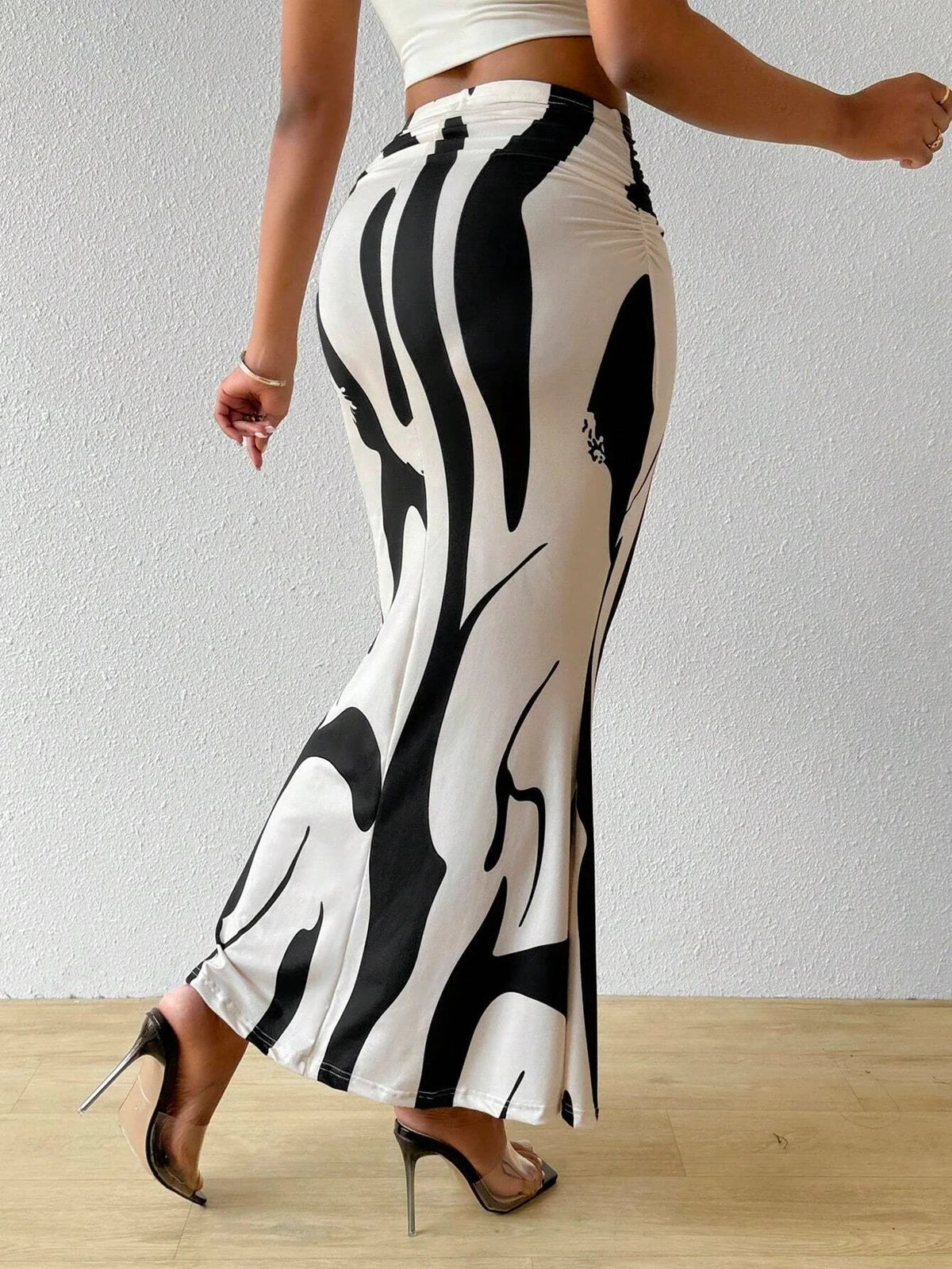 High Waisted Abstract Print Maxi Skirt Bodycon Long Pencil Skirt Stretch Fitted Slit Detail Statement Evening Wear