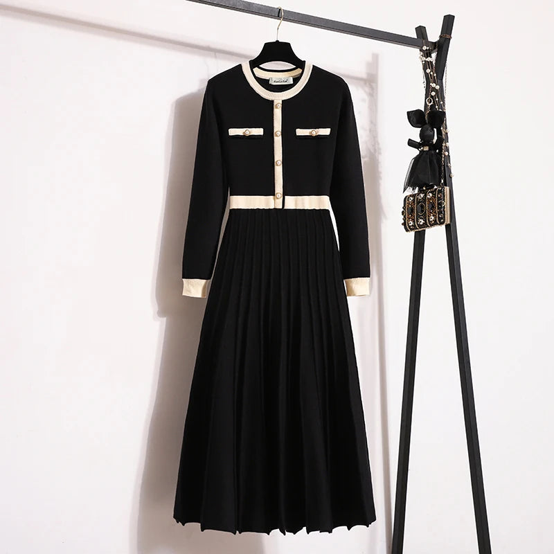 Pleated Midi Dress – Long Sleeve Knit Dress with Button Front, Contrast Trim, Fitted Bodice and Elegant A-Line Skirt for Fall