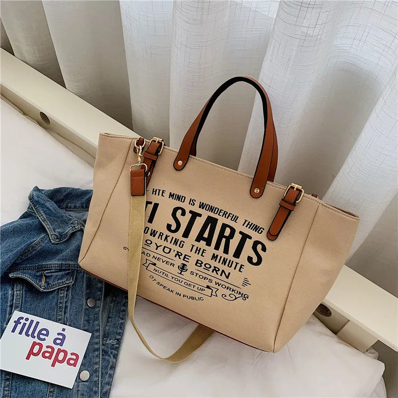 Vintage Graphic Canvas Tote Bag, Casual Shoulder Handbag with Leather-Accent Handles, Spacious Carryall Purse for Travel, Shopping & Everyday Use