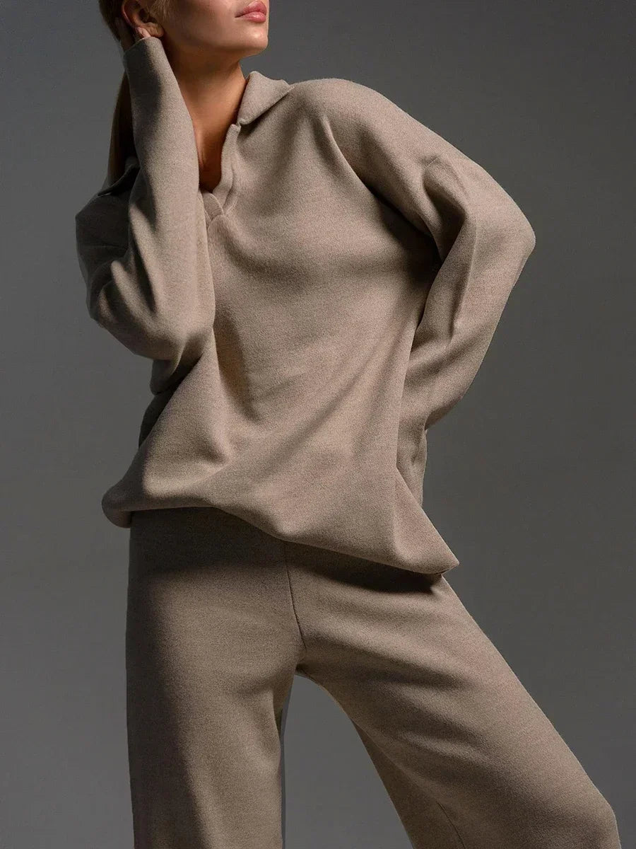 Collared Knit Sweater & Wide Leg Pants Co-Ord Set | Long Sleeve Two Piece Casual Outfit | Chic Fall & Winter Matching Set