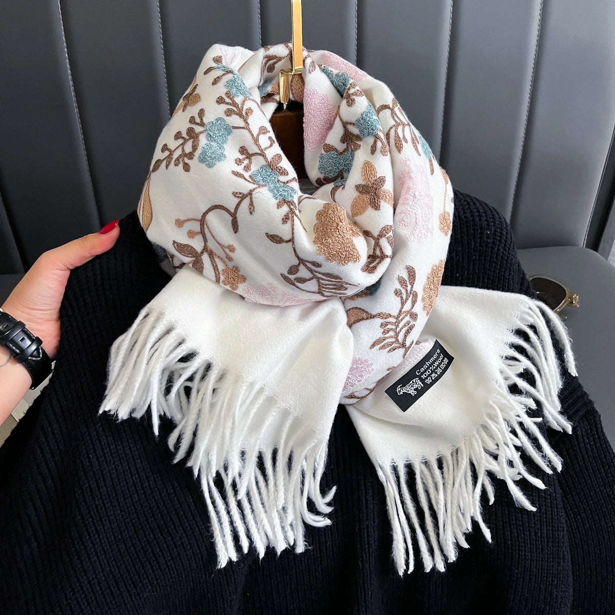 Women's Floral Shawl Wrap, Embroidered Look Botanical Print Scarf with Fringed Ends, Elegant Shoulder Wrap