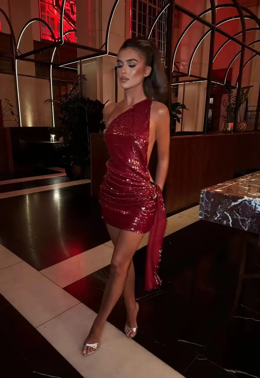 Sequin Mini Dress – Strapless Bodycon Dress with Ruched Side Detail, Draped Waist and Asymmetric Long Sash for Parties & Evening Events