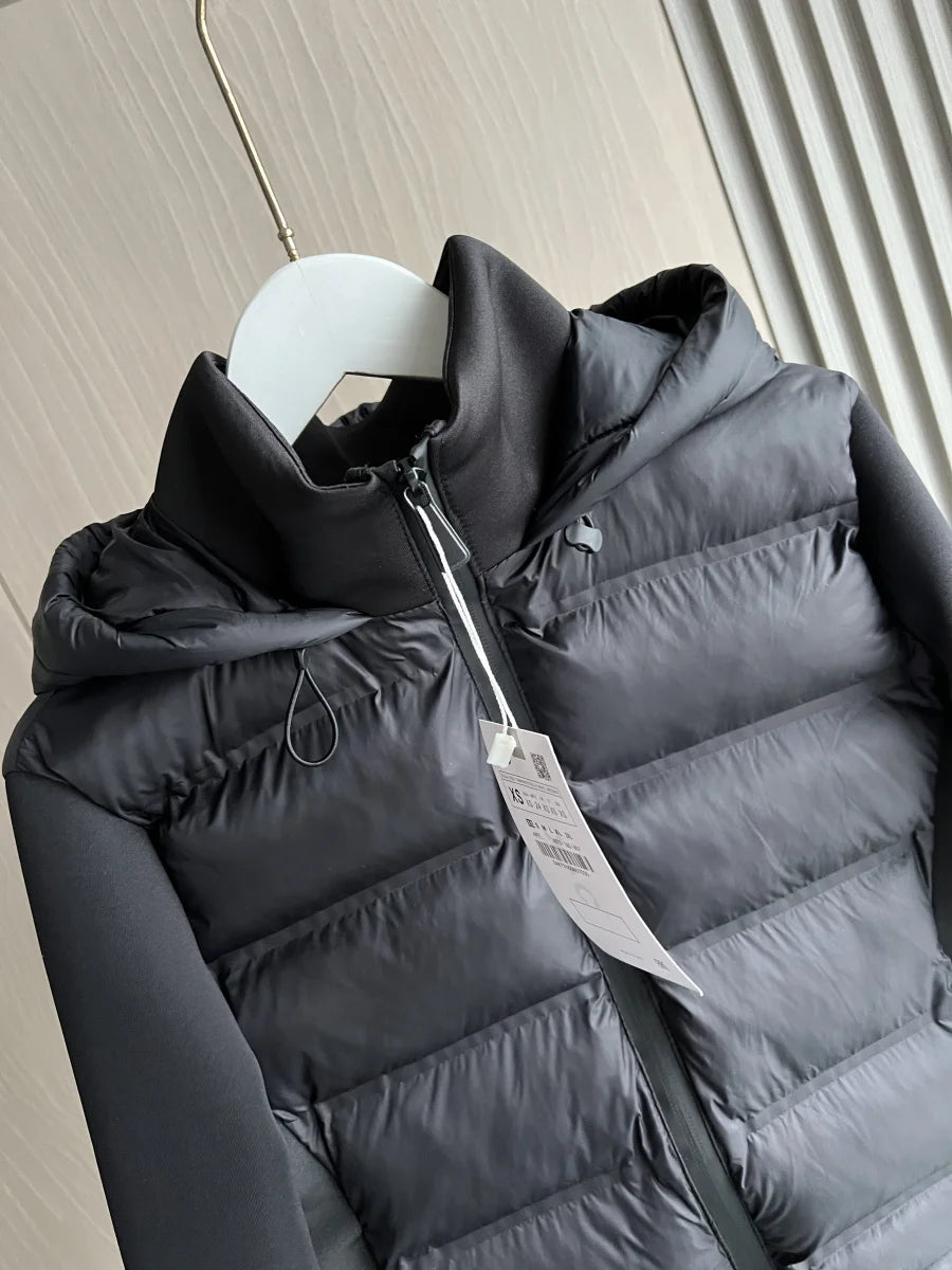 Hooded Puffer Jacket, Quilted Hybrid Jacket with Stretch Sleeves and Zip Front, Lightweight Warm Casual Winter Outerwear