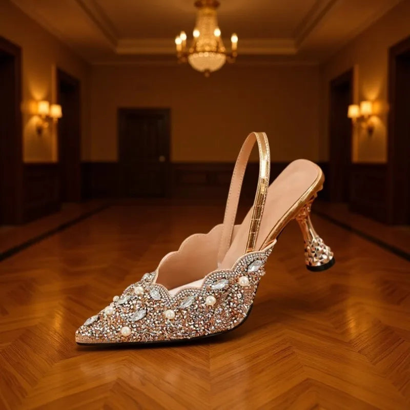 Rhinestone Pointed Toe Heels | Crystal Slingback Pumps | Elegant Low Heel Party Shoes