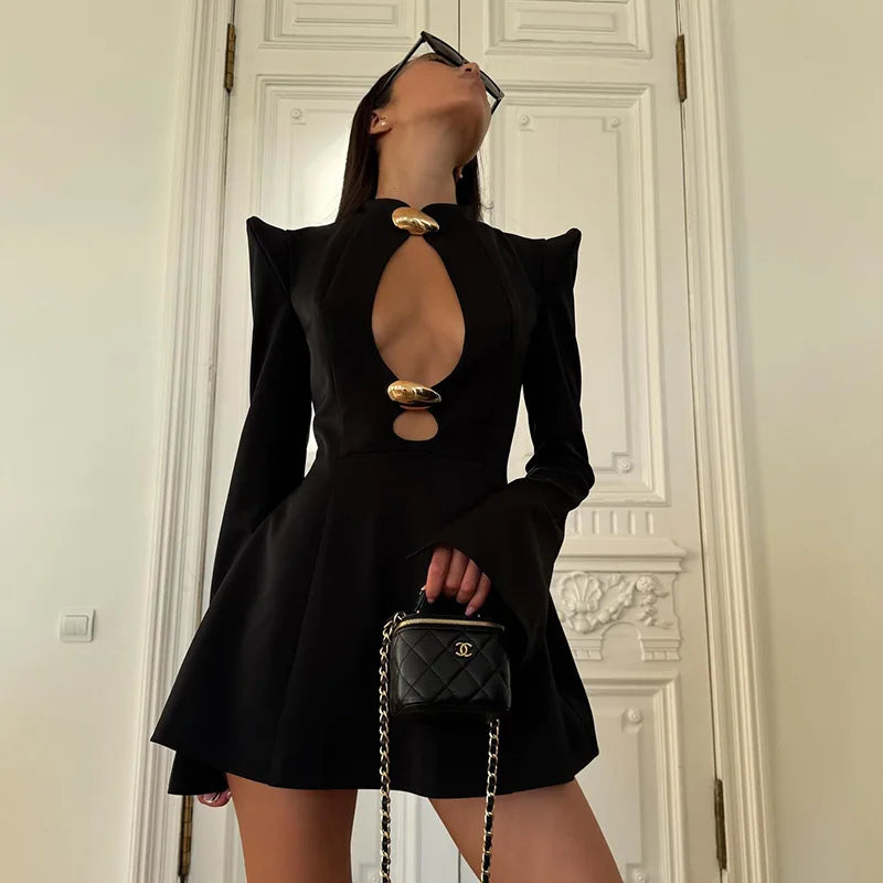 Blazer Mini Dress – Long Sleeve Plunge Neck Dress with Structured Shoulders, Waist Cutout and Flared Skirt for Parties & Evening Events