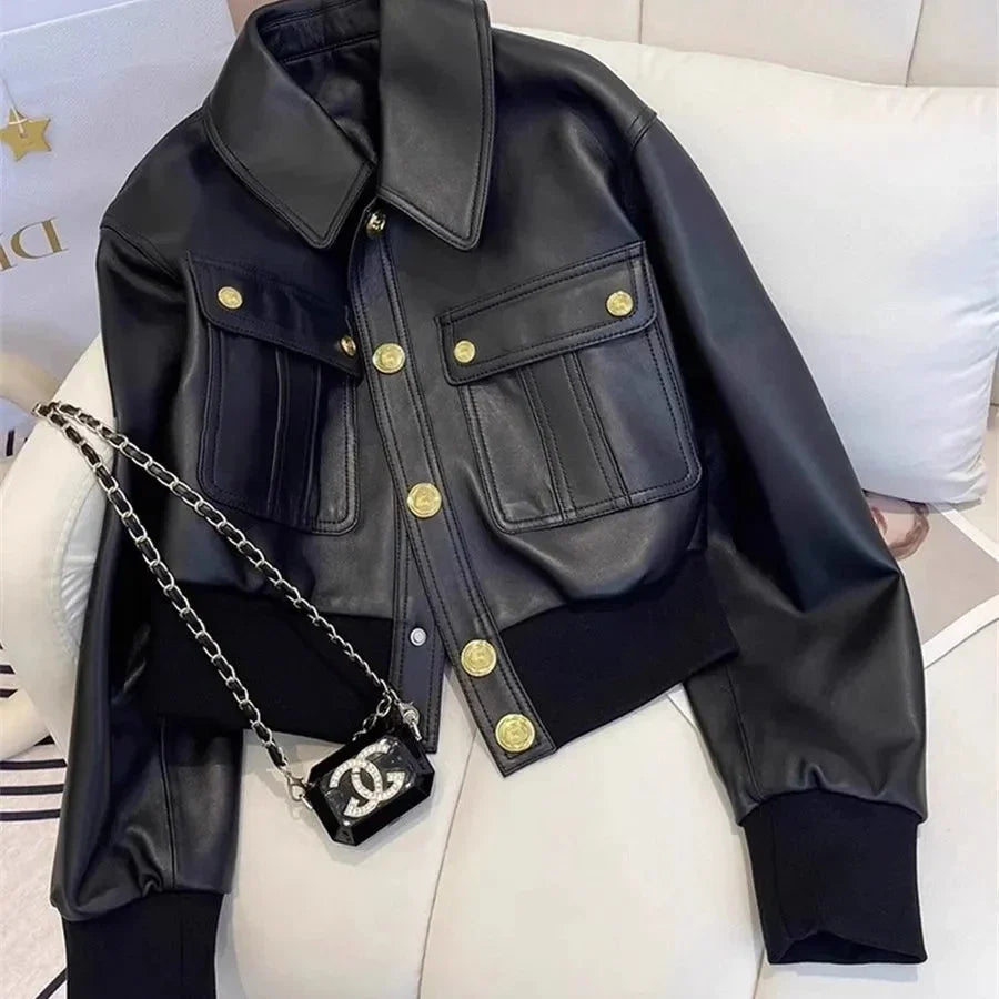 Faux Leather Utility Jacket, Cropped Button-Up Jacket with Oversized Collar and Multiple Flap Pockets, Chic Casual Streetwear