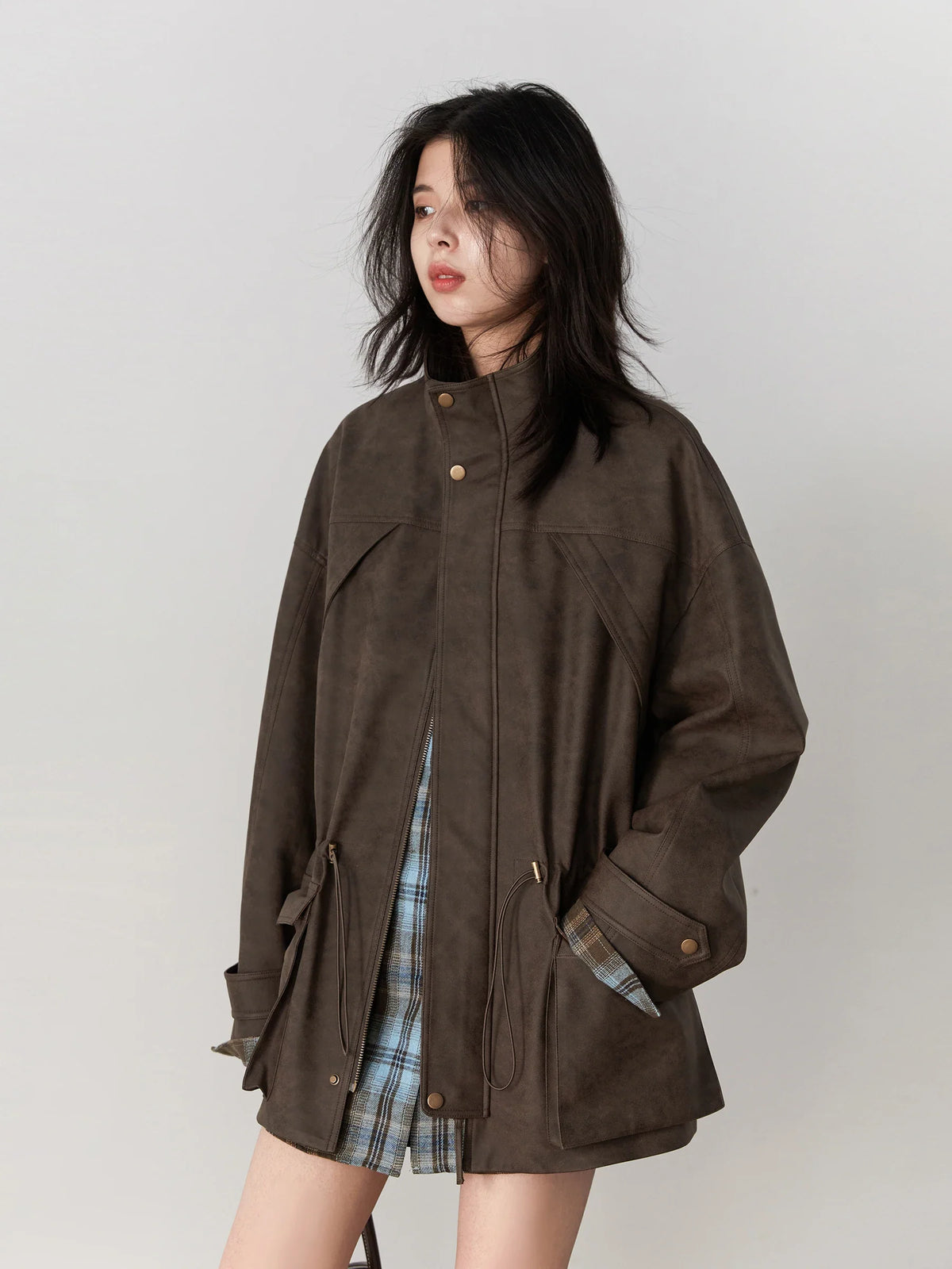 Oversized Suede Jacket, Button-Up Utility Jacket with Stand Collar and Flap Pockets, Relaxed Fit Vintage-Inspired Casual Outerwear