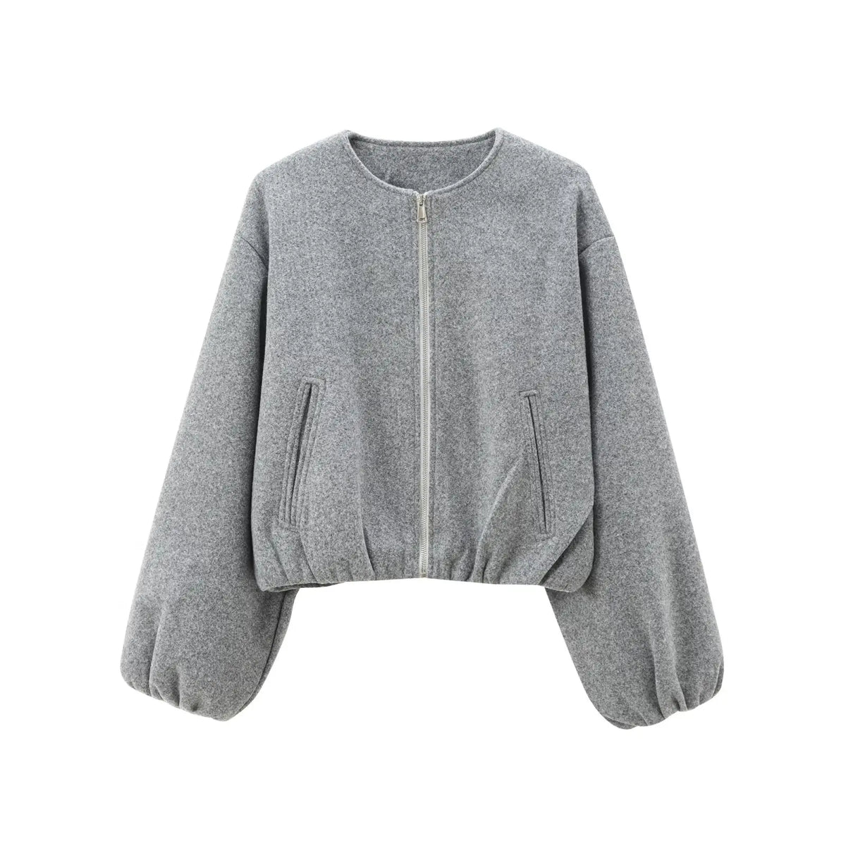 Women's Cropped Zip-Up Jacket, Minimalist Collarless Bomber Jacket, Long Sleeve Casual Lightweight Outerwear