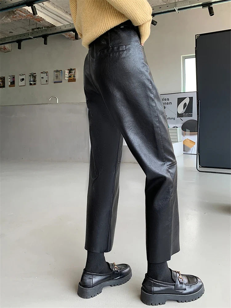 High Waisted Faux Leather Straight Leg Pants Tailored Trousers Minimalist Ankle Length Casual Streetwear Bottoms