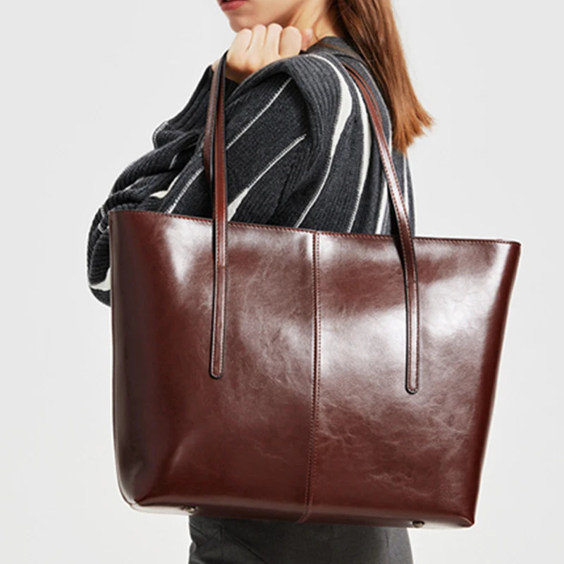Large Leather-Look Tote Bag, Minimalist Shoulder Carryall with Long Handles, Spacious Work Handbag for Office, Shopping, Travel & Everyday Use