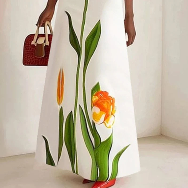 Floral Maxi Dress – Sleeveless Square Neck Bodycon Dress with Oversized Flower Print and Floor-Length Silhouette for Vacations & Events