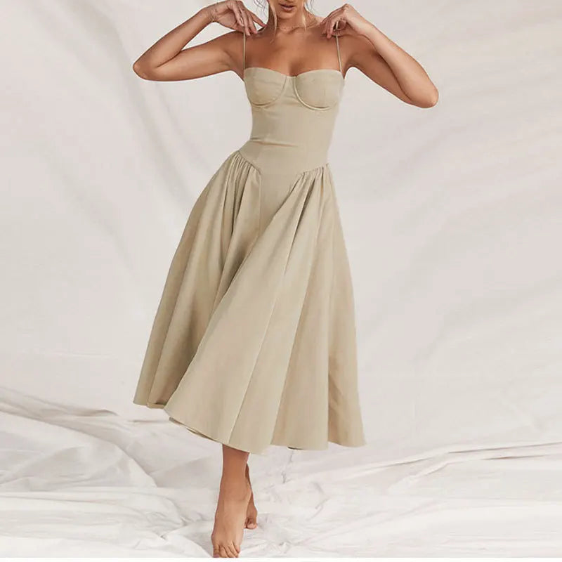 Vintage A-Line Midi Dress – Spaghetti Strap Corset Bodice Dress with Pleated Flared Skirt for Weddings, Brunches & Special Occasions