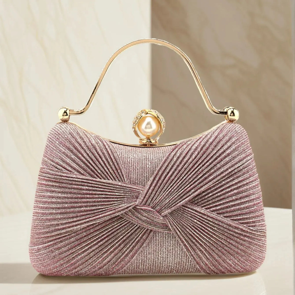 Pleated Evening Clutch Bag, Elegant Knot Detail Handbag with Decorative Frame Closure, Chic Top Handle Purse for Weddings, Parties & Special Occasions