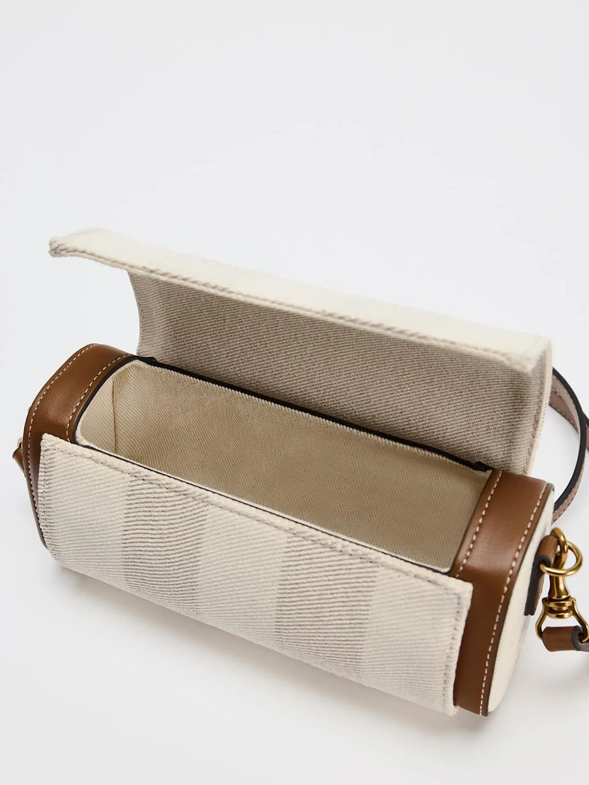 Canvas Crossbody Bag, Beige Shoulder Purse with Brown Leather Trim, Adjustable Strap, Minimalist Flap Handbag for Travel & Everyday Use