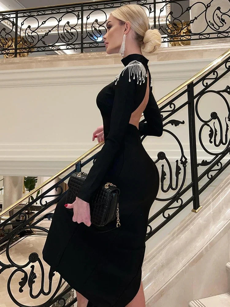 Embellished Maxi Dress – Long Sleeve High Neck Bodycon Dress with Crystal Shoulder Detail and Side Slit for Formal Events & Evening Parties