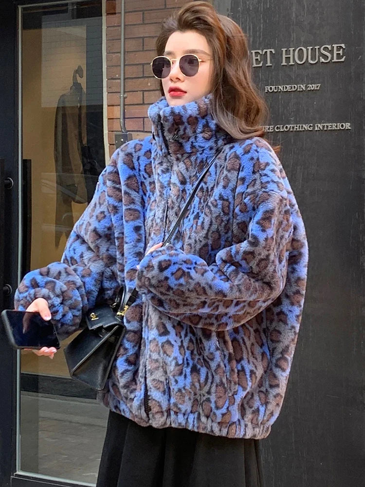 Faux Fur Printed Jacket, Oversized Plush Zip-Up Jacket with High Neck, Cozy Winter Casual Outerwear