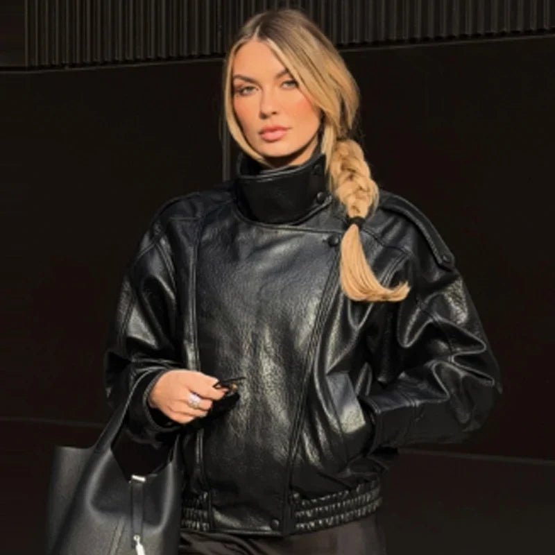 Women's Oversized Faux Leather Jacket, Relaxed Fit Biker-Inspired Jacket, Long Sleeve Zip-Up Fall Winter Outerwear
