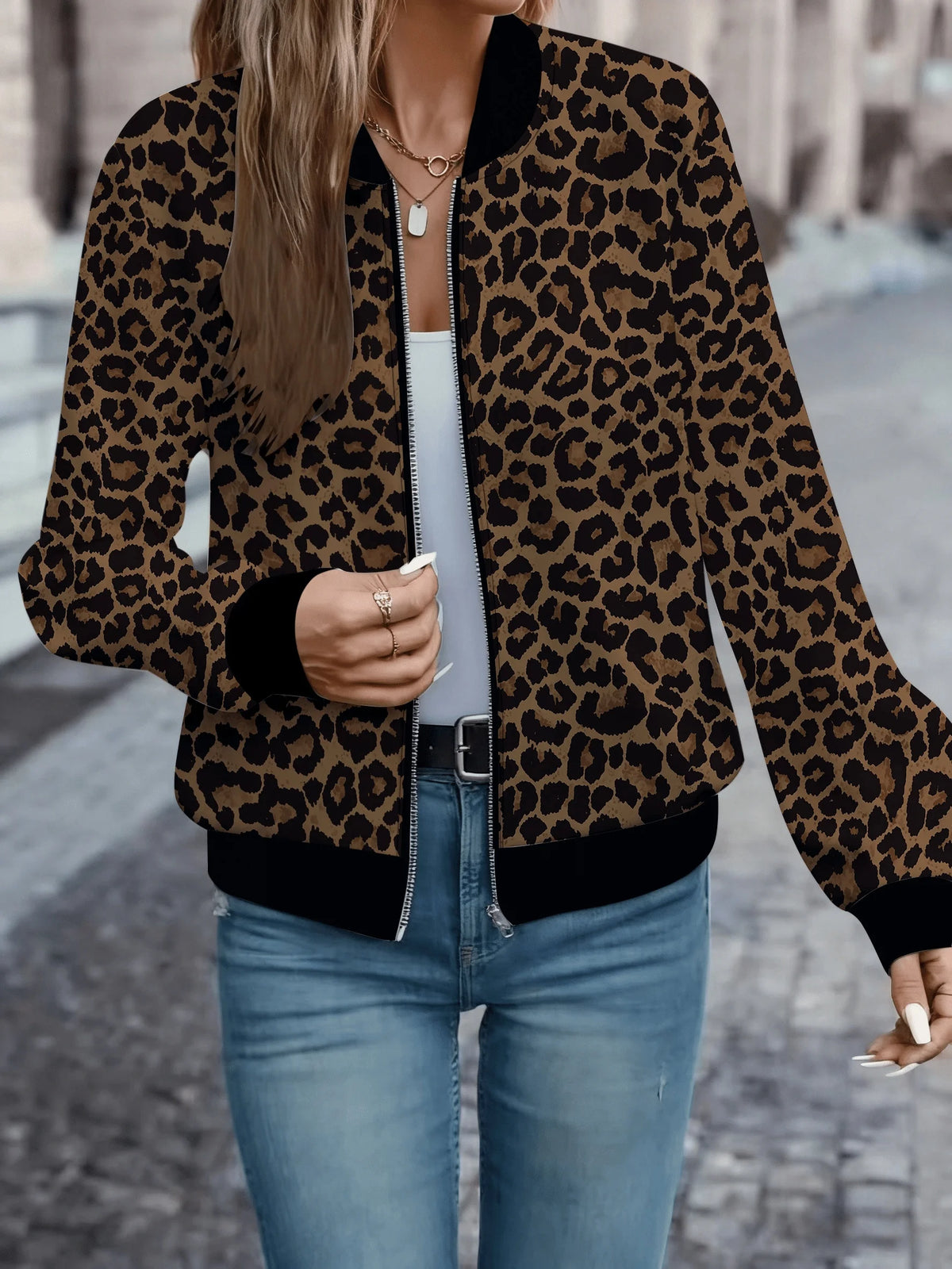 Leopard Print Bomber Jacket, Zip-Up Jacket with Ribbed Collar and Cuffs, Relaxed Fit Animal Print Casual Streetwear Outerwear