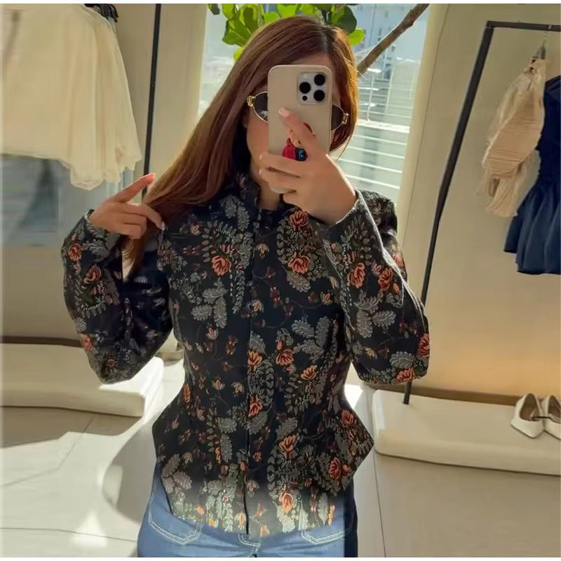Floral Print Zip-Up Jacket, Stand Collar Lightweight Jacket with Long Sleeves and Vintage Botanical Pattern, Chic Casual Outerwear
