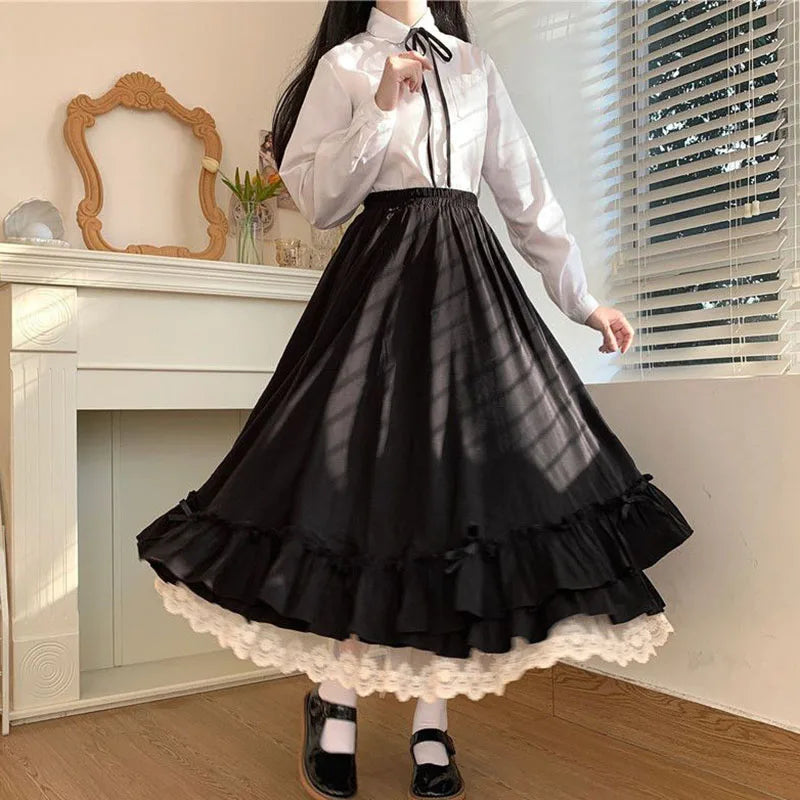 High Waisted Pleated Maxi Skirt Ruffle Hem Long A Line Skirt Layered Gothic Vintage Inspired Full Length Casual