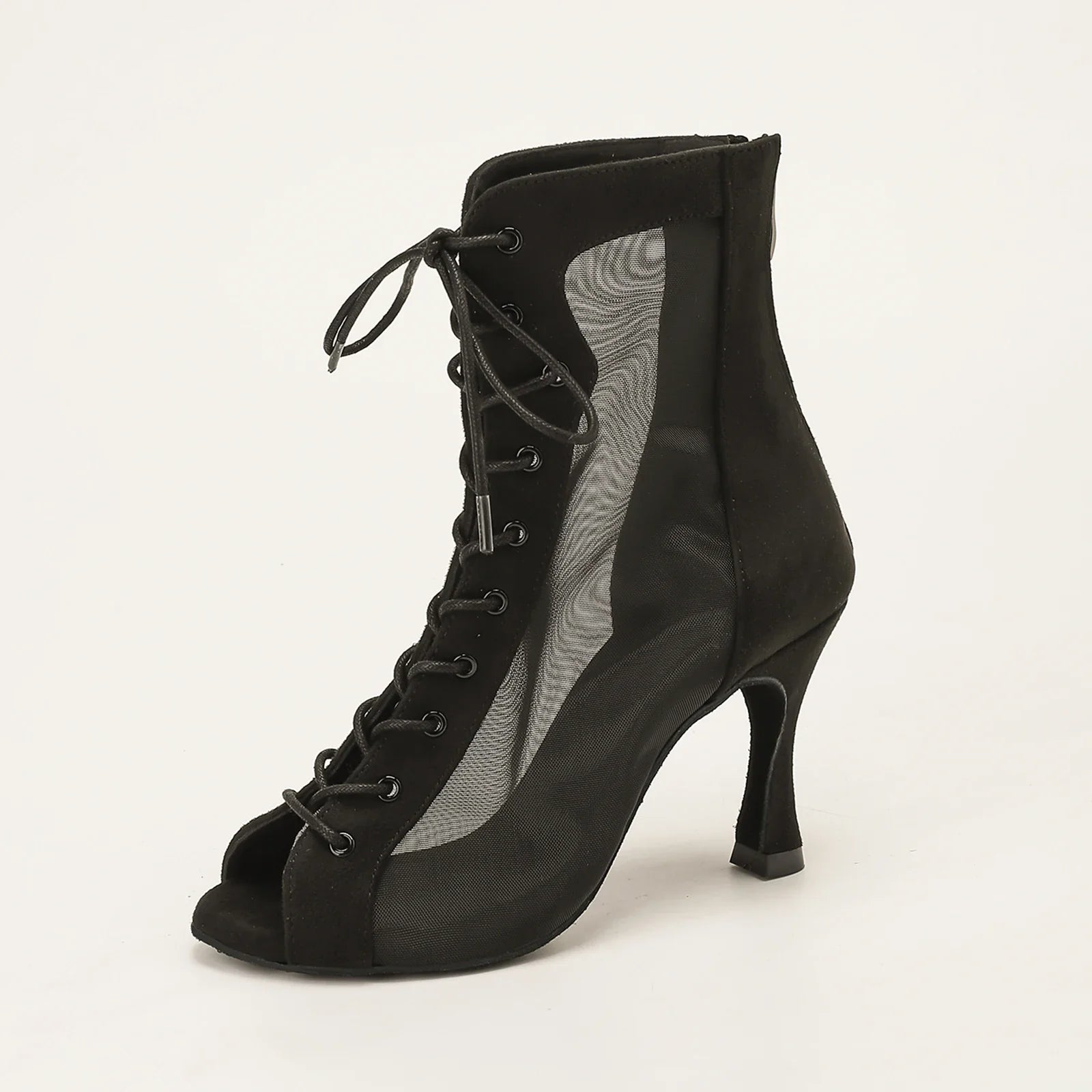 Women's Mesh Lace-Up Peep Toe Ankle Boots – Elegant High Heel Sheer Booties with Side Zipper for Party, Evening & Dress Wear