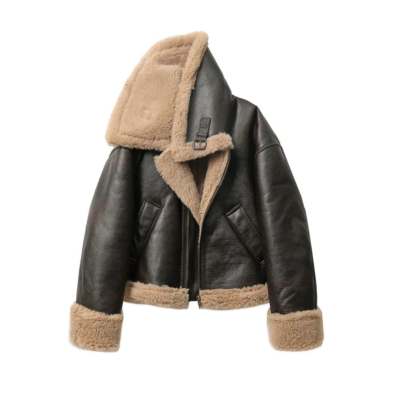 Shearling Aviator Jacket, Faux Leather Hooded Bomber Jacket with Plush Lining, Cropped Winter Outerwear