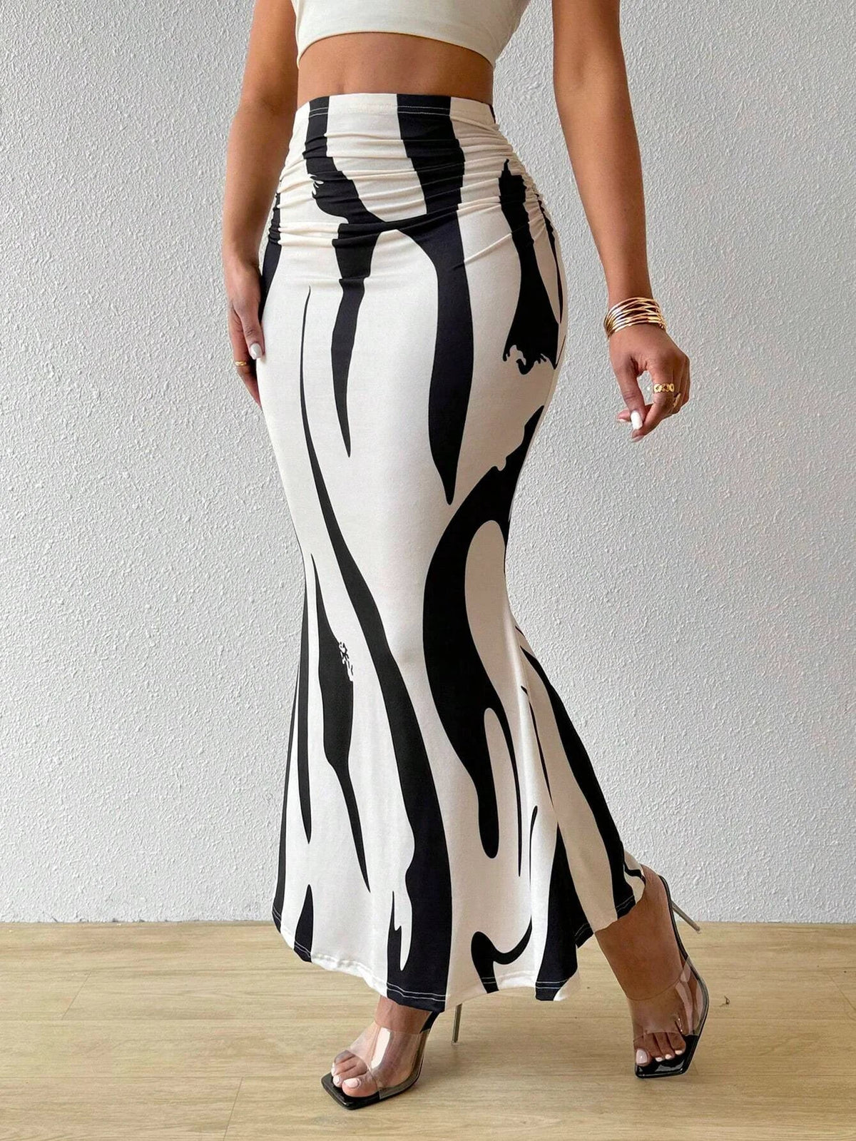 High Waisted Abstract Print Maxi Skirt Bodycon Long Pencil Skirt Stretch Fitted Slit Detail Statement Evening Wear