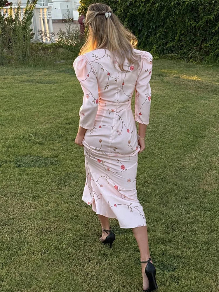 Floral Midi Dress – V-Neck Long Sleeve Wrap Dress with Tie Waist, Pleated Bodice and Front Slit for Weddings, Brunch & Special Events
