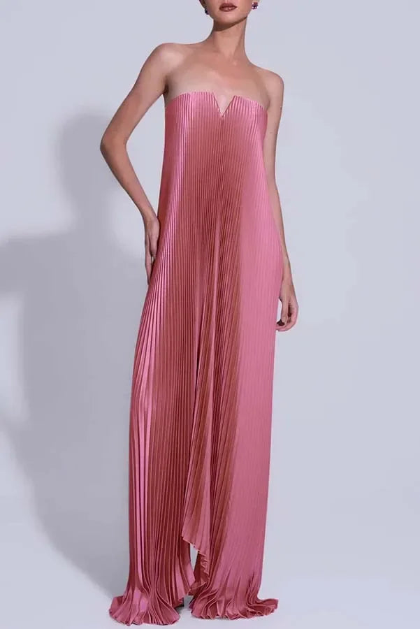 Pleated Strapless Maxi Dress – Metallic Draped Dress with V-Neckline, Flowing A-Line Silhouette and Elegant Evening Style
