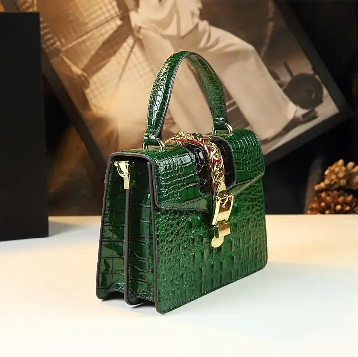 Crocodile Embossed Top Handle Handbag, Structured Vintage Satchel with Gold-Tone Clasp, Elegant Shoulder Purse for Work, Dates & Special Occasions
