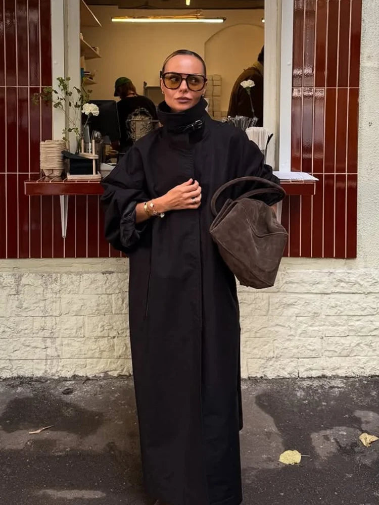 Longline Cape Coat, High Neck Button-Up Coat with Draped Cape Sleeves and Relaxed Fit, Elegant Minimalist Winter Outerwear