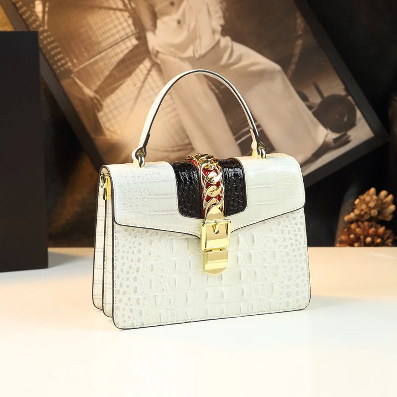 Crocodile Embossed Top Handle Handbag, Structured Vintage Satchel with Gold-Tone Clasp, Elegant Shoulder Purse for Work, Dates & Special Occasions