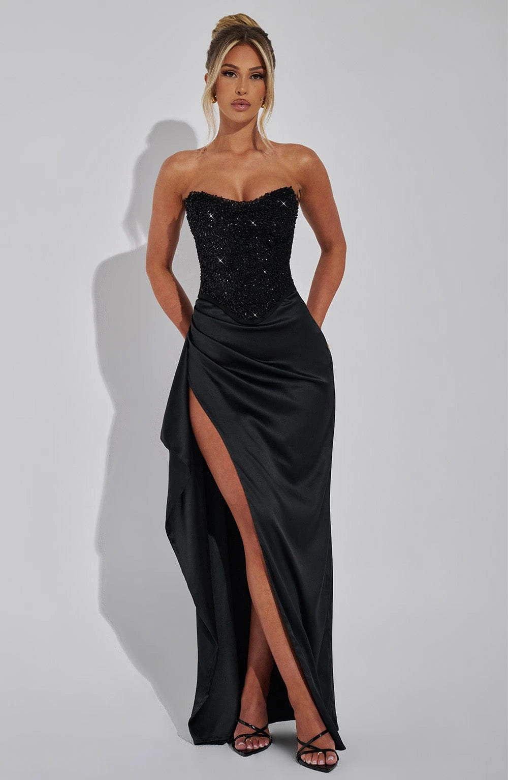 Sequin Corset Maxi Dress – Strapless Evening Gown with Embellished Bodice, Satin Draped Skirt and High Thigh Slit