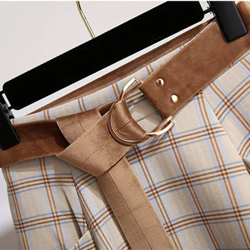 High Waisted Plaid A Line Midi Skirt Pleated Tartan Skirt Belted Flared Skirt Preppy Vintage Inspired Casual Wear