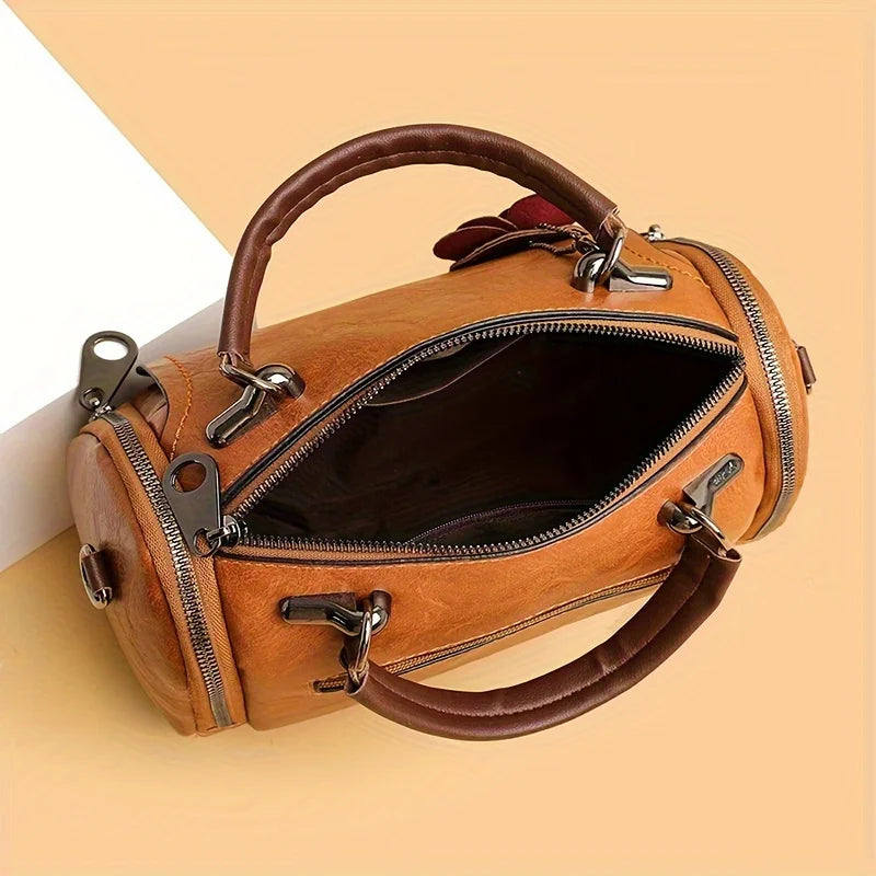 Vintage Mini Satchel Bag, Distressed Leather-Look Crossbody Handbag, Retro Top Handle Purse with Floral Accent & Adjustable Strap