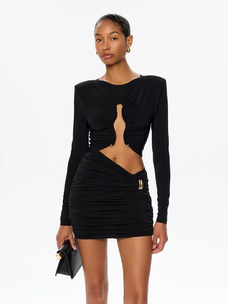 Cutout Ruched Mini Dress – Long Sleeve Bodycon Dress with Waist Cutout, Structured Shoulders and Fitted Skirt for Parties & Date Nights