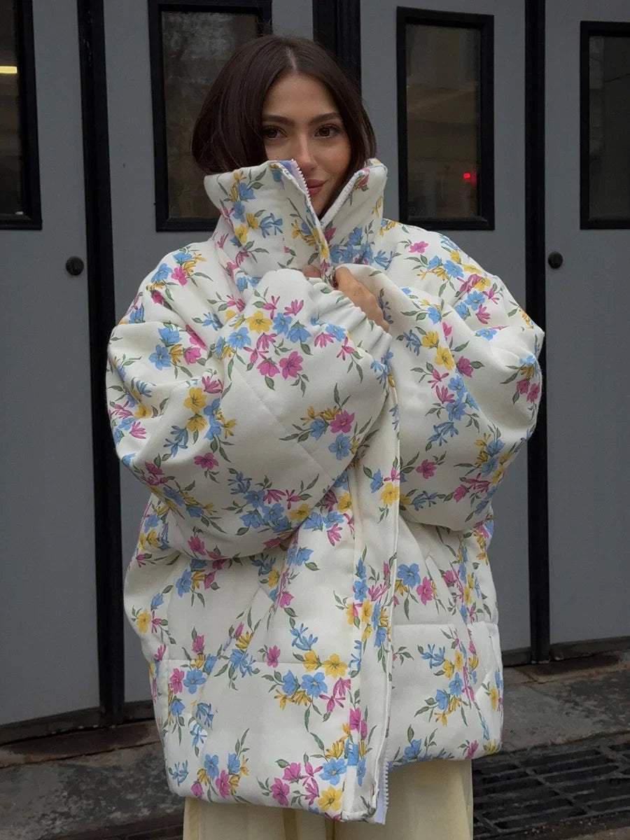 Floral Quilted Puffer Jacket, Oversized Hooded Winter Jacket with Front Pockets, Cozy Printed Cold Weather Outerwear