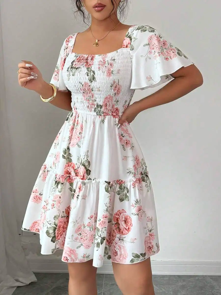 Floral Mini Dress – Short Sleeve Square Neck Dress with Fitted Bodice, Defined Waist and Flared Skirt for Brunch, Vacations & Summer Events