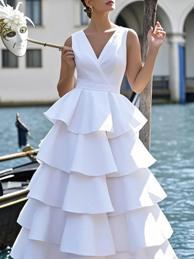 Tiered Maxi Dress – Sleeveless V-Neck Dress with Peplum Waist, Cascading Ruffle Skirt and Elegant Floor-Length Silhouette for Weddings & Events