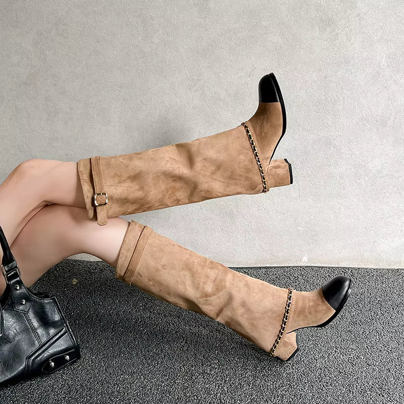Knee High Suede Boots | Buckle Strap Block Heel Boots | Chain Detail Tall Fashion Booties