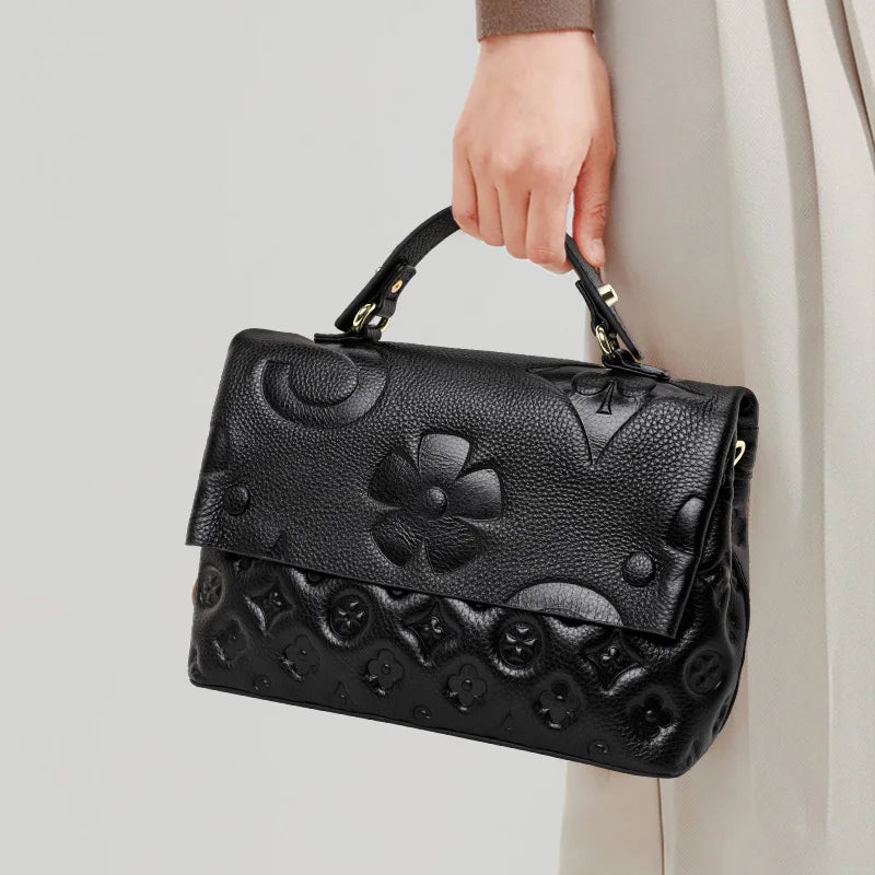 Floral Embossed Handbag, Elegant Structured Top Handle Purse with Decorative Pattern, Compact Shoulder & Crossbody Bag for Parties & Everyday Use