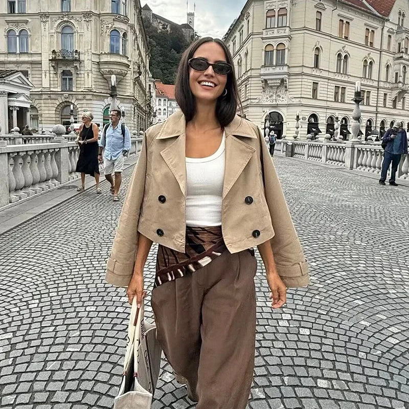 Women's Cropped Double-Breasted Jacket, Chic Tailored Lapel Blazer Coat, Classic Casual Spring Fall Outerwear