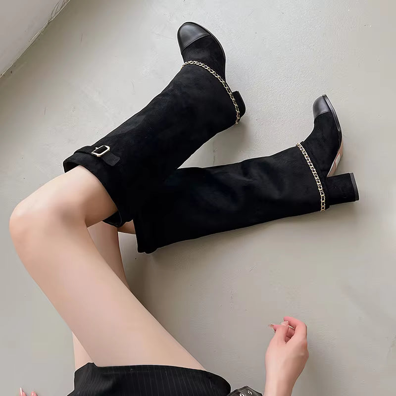 Knee High Suede Boots | Buckle Strap Block Heel Boots | Chain Detail Tall Fashion Booties