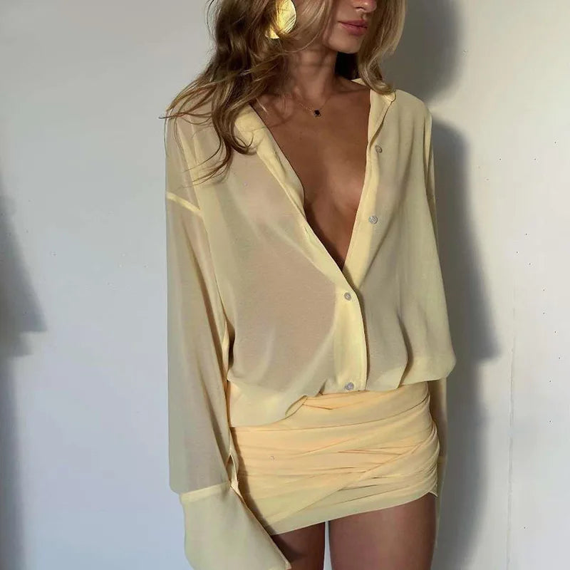 Satin Mini Skirt Set – Long Sleeve Button Down Top with Draped Wrap Skirt and Relaxed Silhouette for Vacations & Evening Outings