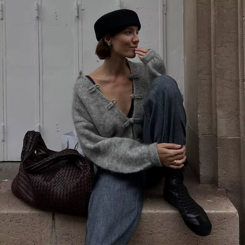 Fuzzy Button Up Cardigan – Women's Long Sleeve Knit Jacket with Mandarin Collar, Toggle Closures and Relaxed Cozy Fit