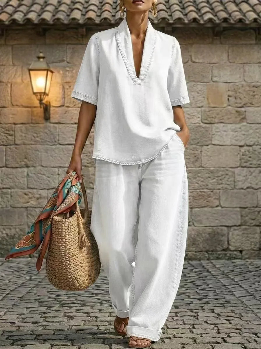 V-Neck Denim Top & Wide Leg Jeans Co-Ord Set | Short Sleeve Two Piece Casual Outfit | Chic Everyday Travel & Weekend Matching Set