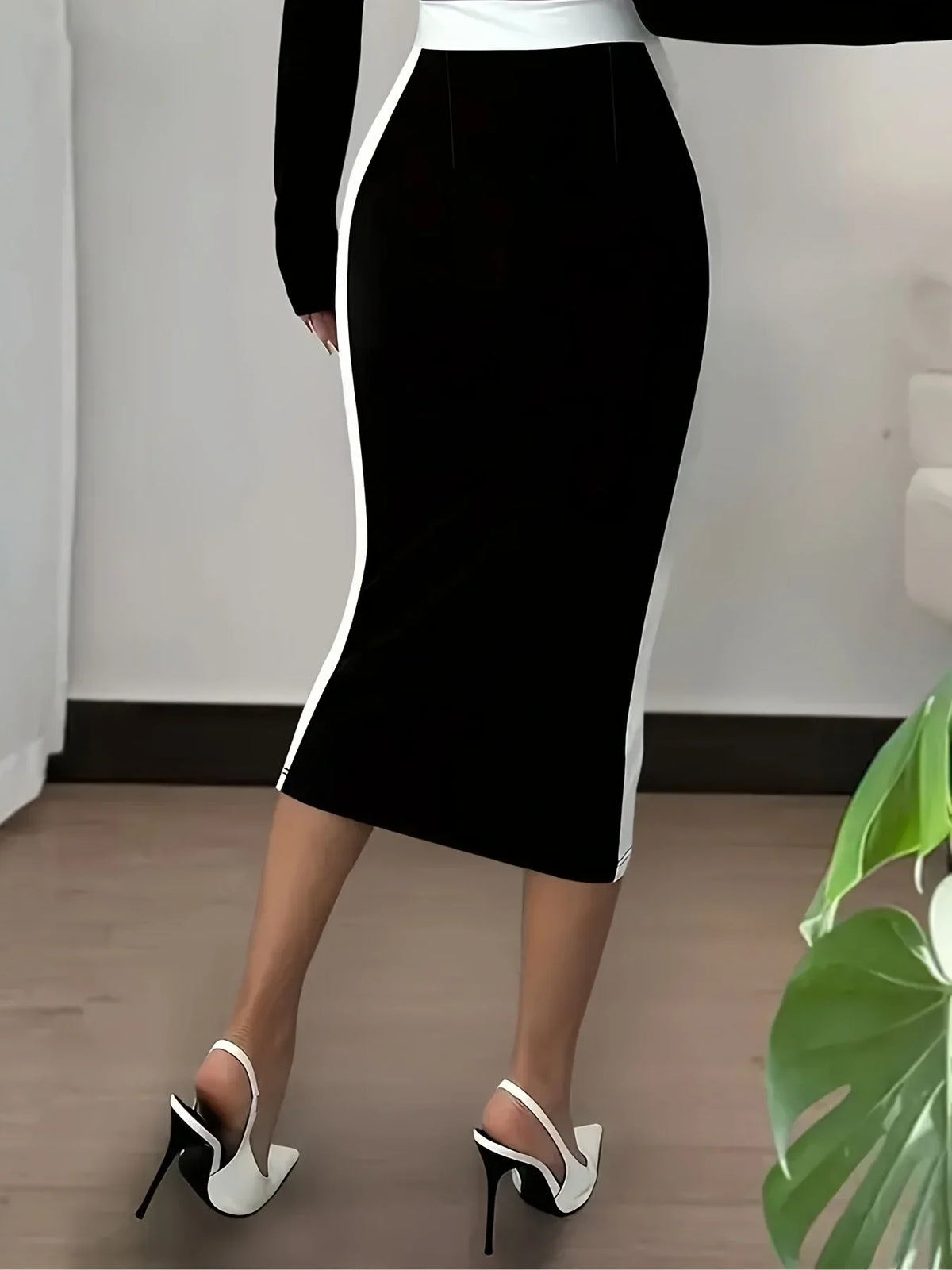 High Waisted Midi Pencil Skirt Contrast Trim Bodycon Skirt Stretch Fitted Knee Length Office Party Casual Workwear
