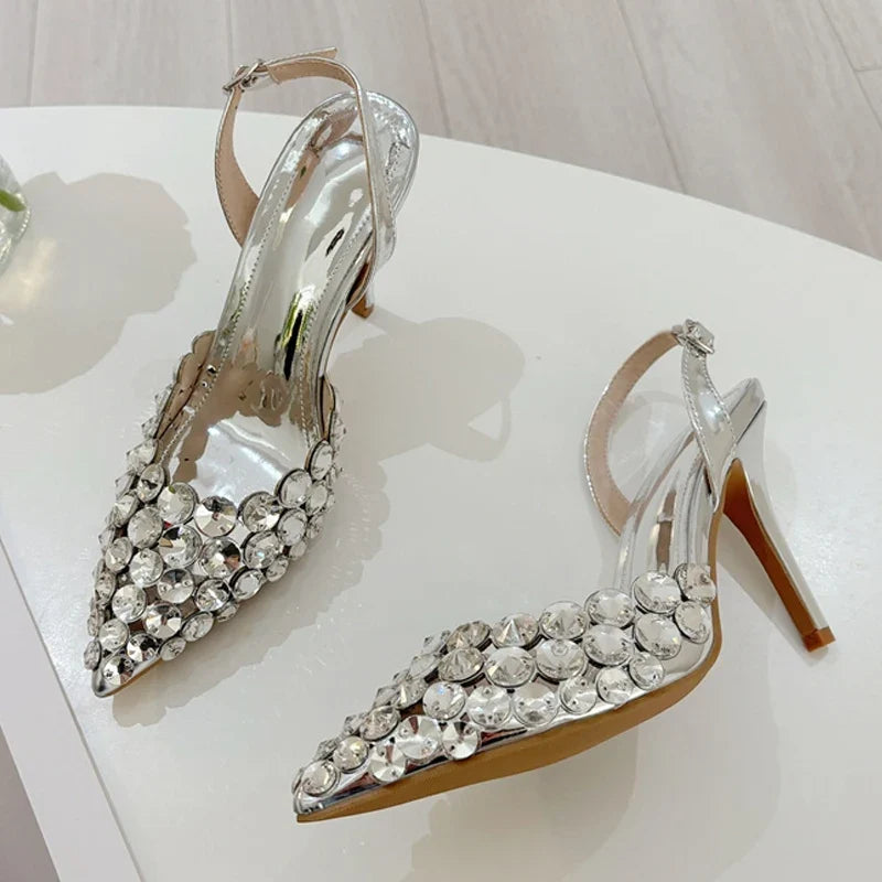 Rhinestone Slingback Heels | Pointed Toe Crystal Pumps | Elegant Kitten Heel Party Shoes