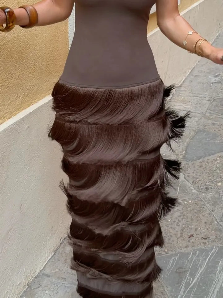 Fringe Maxi Dress – Sleeveless Bodycon Dress with Layered Fringe Skirt, Scoop Neckline and Fitted Silhouette for Parties and Vacations