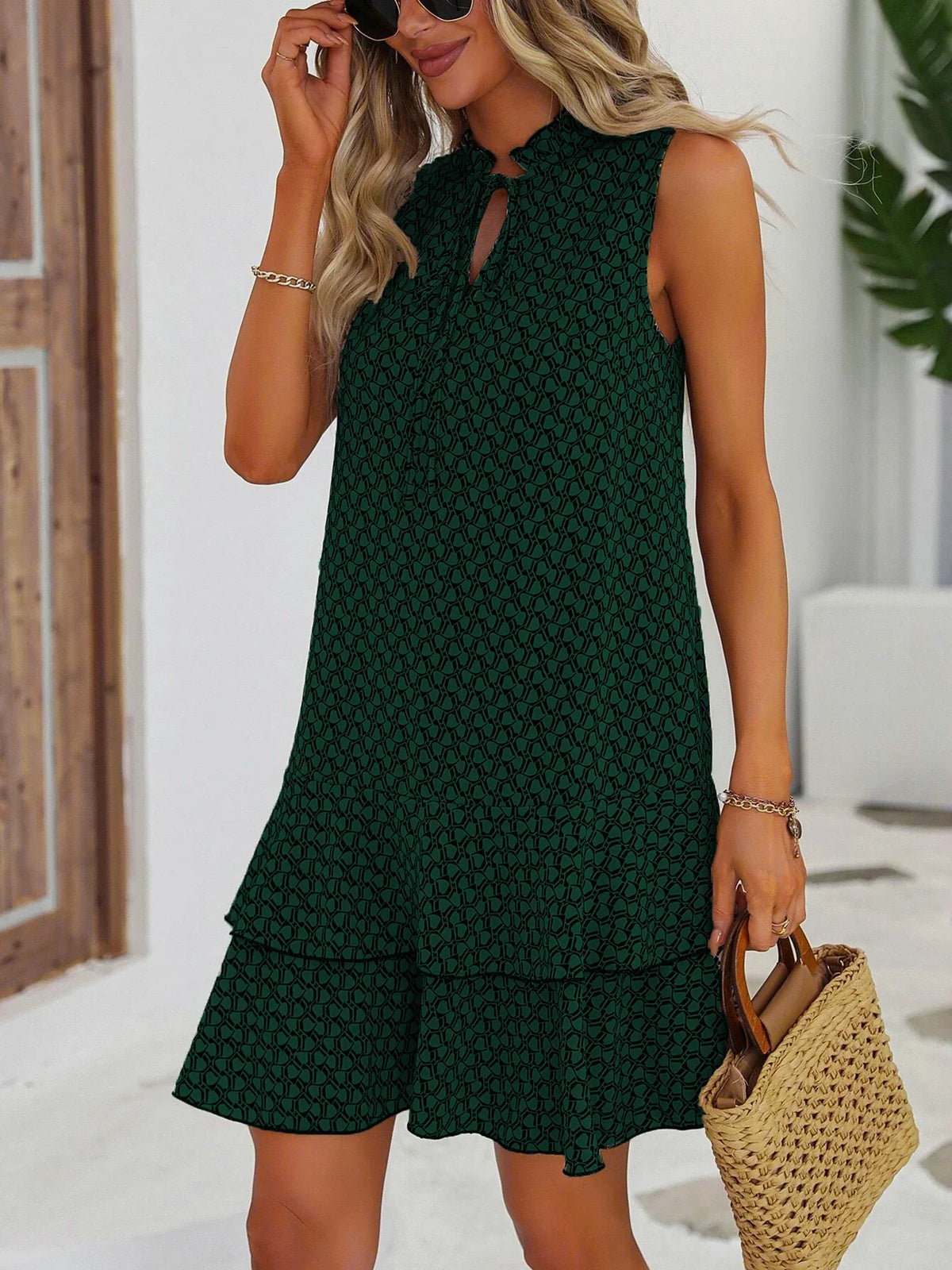 Textured Mini Dress – Sleeveless High Neck Dress with Tiered Ruffle Hem and Relaxed A-Line Silhouette for Brunch, Vacations & Casual Outings